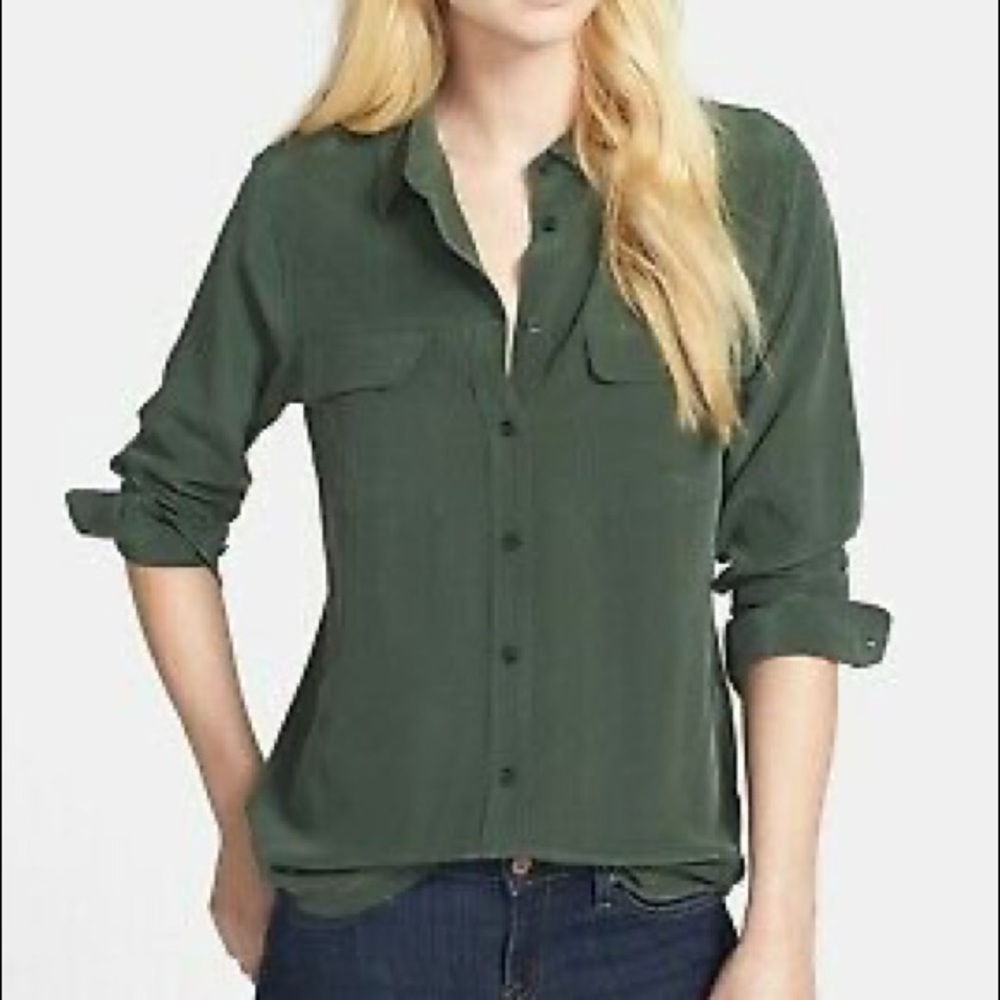 Equipment Olive Dark Green Silk Shirt Blouse Small